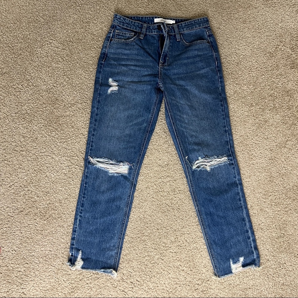 Distressed Dark Blue Straight Leg Jeans